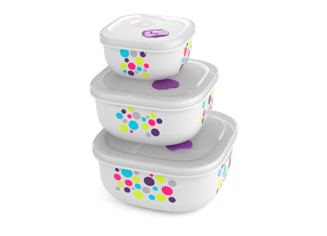 Decorated Set of 3 Tama Lock Square Containers (500ml, 1.3L, 2.4L) 9338 Dots with Steam Release Valve White