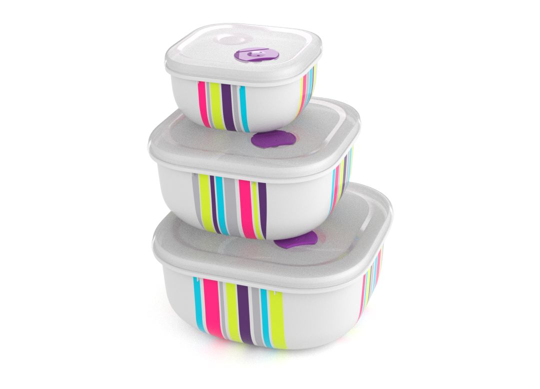Decorated Set of 3 Tama Lock Square Containers (500ml, 1.3L, 2.4L) 9339 Stripes with Steam Release Valve White